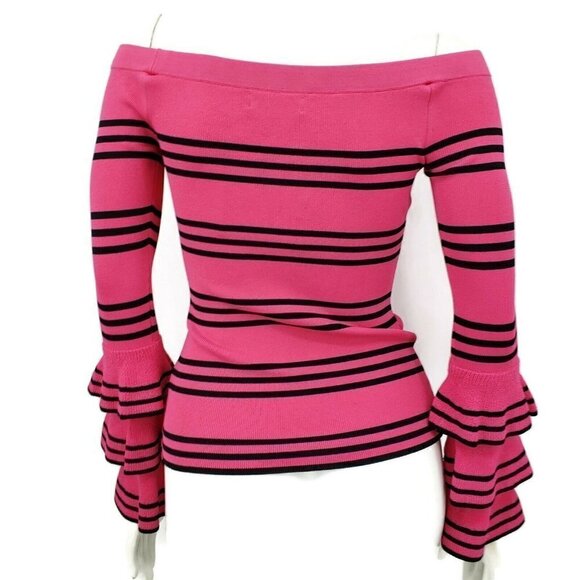 New Scripted Top Womens XS Pink Black Stripe Off  Shoulder Sweater Bell Sleeve - Picture 3 of 5